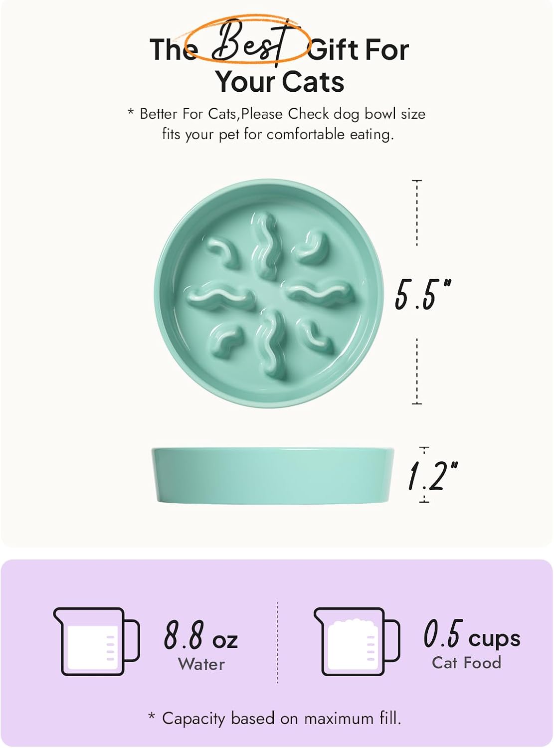 Ceramic Slow Feeder Dog Bowls Small Breed, 0.5 Cups Dog Food Dish for Fast Eaters, Puzzle Bowl for Small Dogs and Cats, 5.5 Inch-Blue