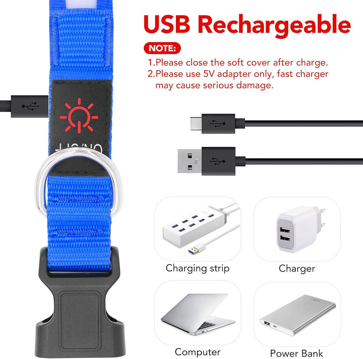 LED Dog Collar, Light up Dog Collar Adjustable Safety Glowing Collar