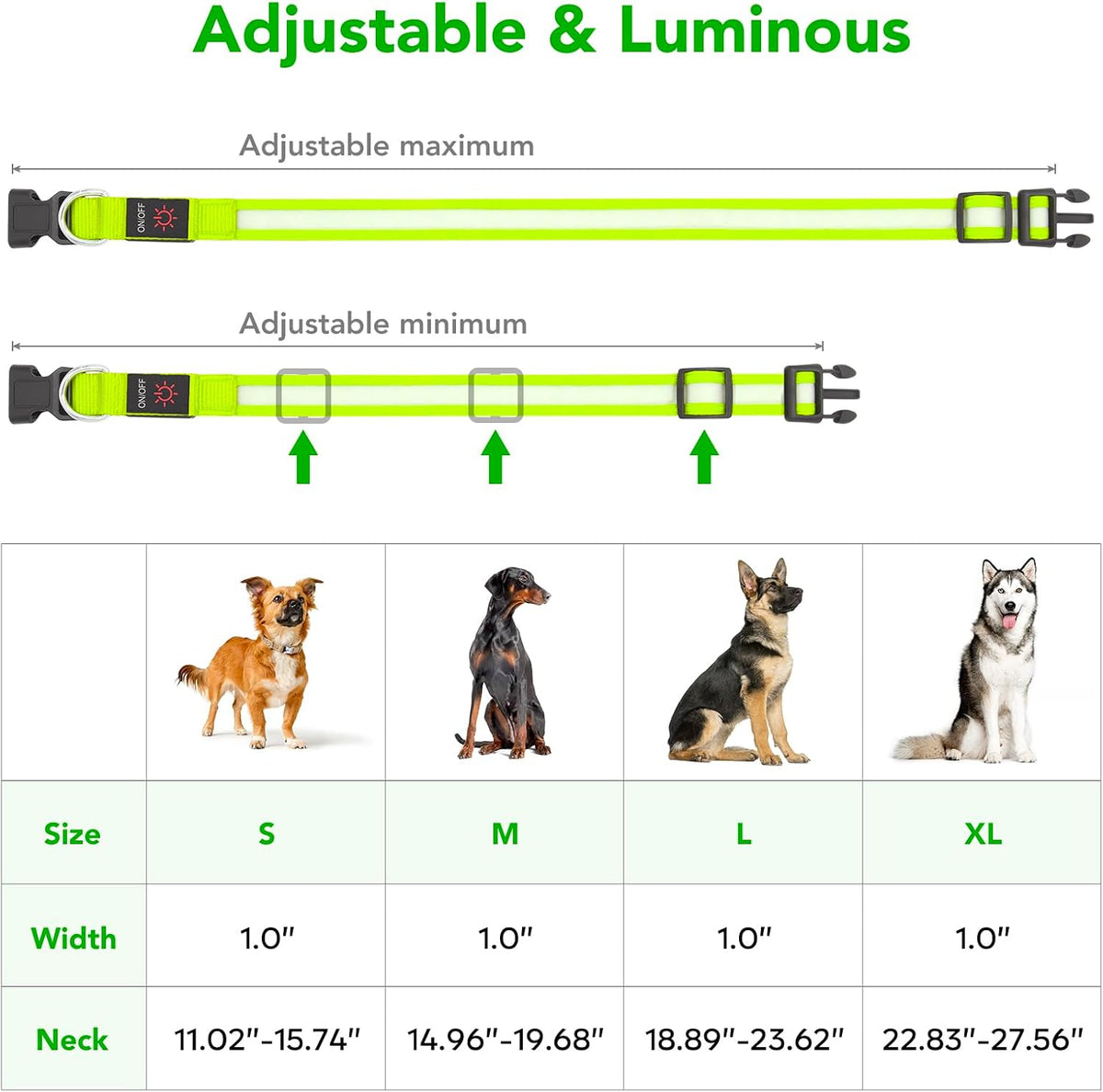 LED Dog Collar, Light up Dog Collar Adjustable Safety Glowing Collar