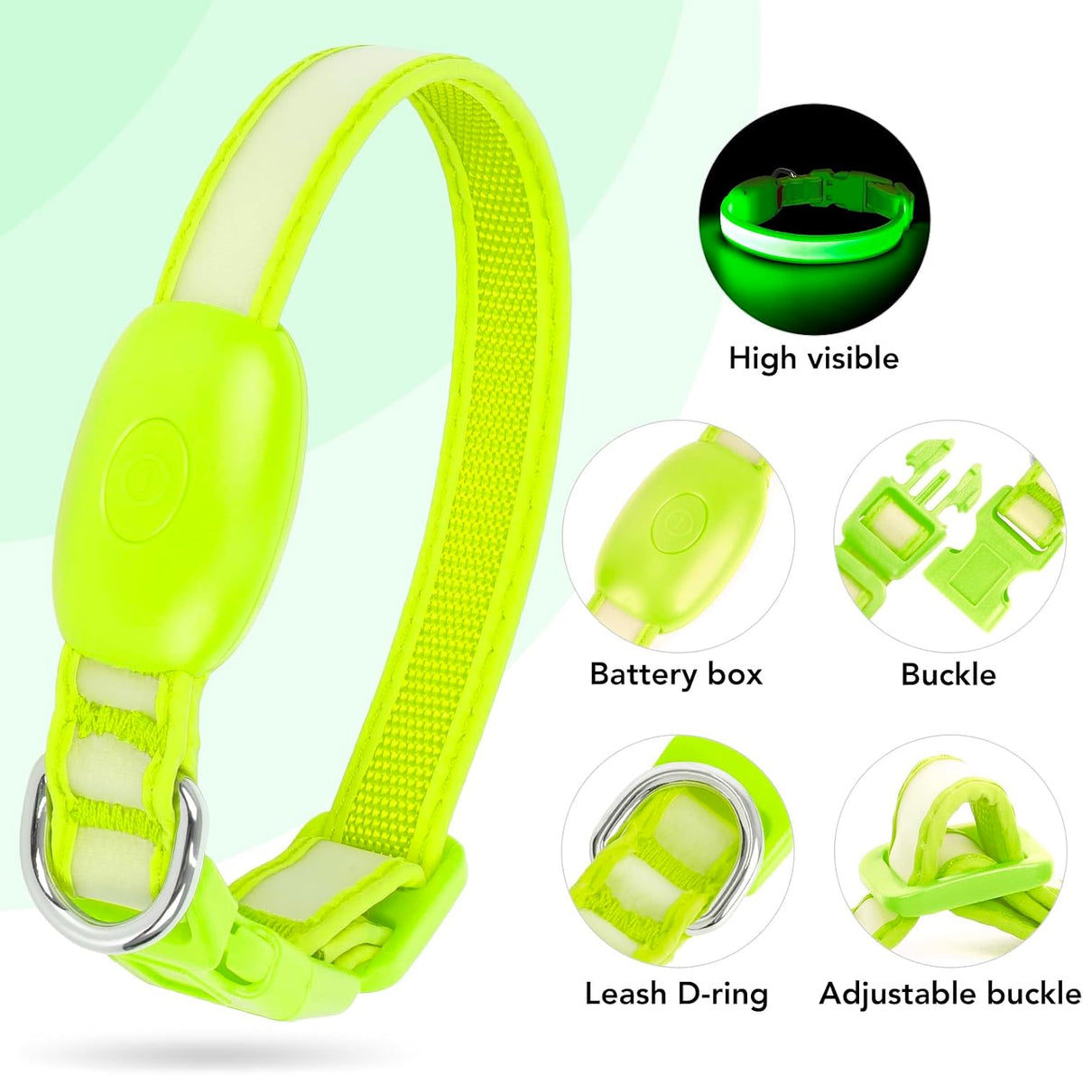 LED Dog Collar, Light up Dog Collar Adjustable Safety Glowing Collar
