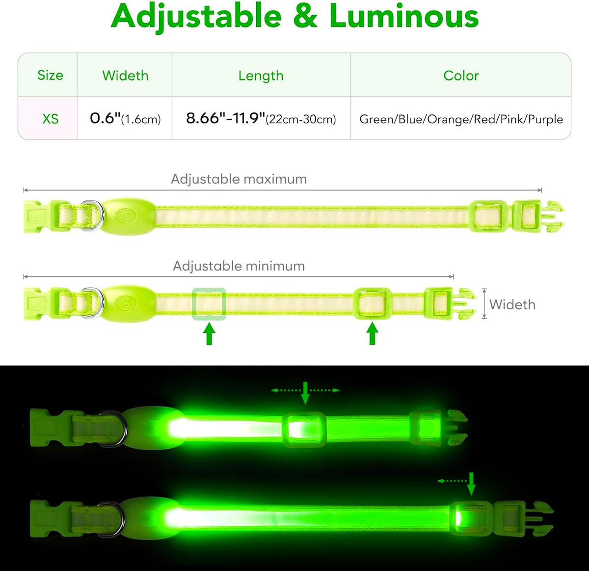 LED Dog Collar, Light up Dog Collar Adjustable Safety Glowing Collar