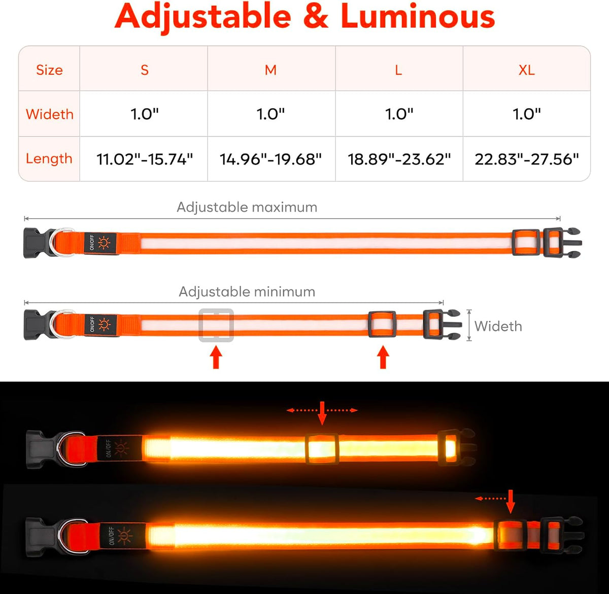 LED Dog Collar, Light up Dog Collar Adjustable Safety Glowing Collar