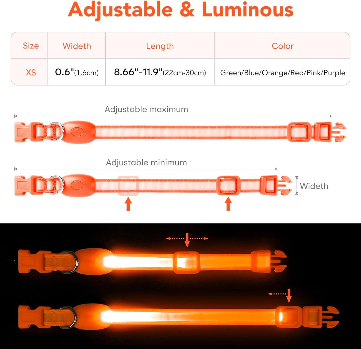 LED Dog Collar, Light up Dog Collar Adjustable Safety Glowing Collar