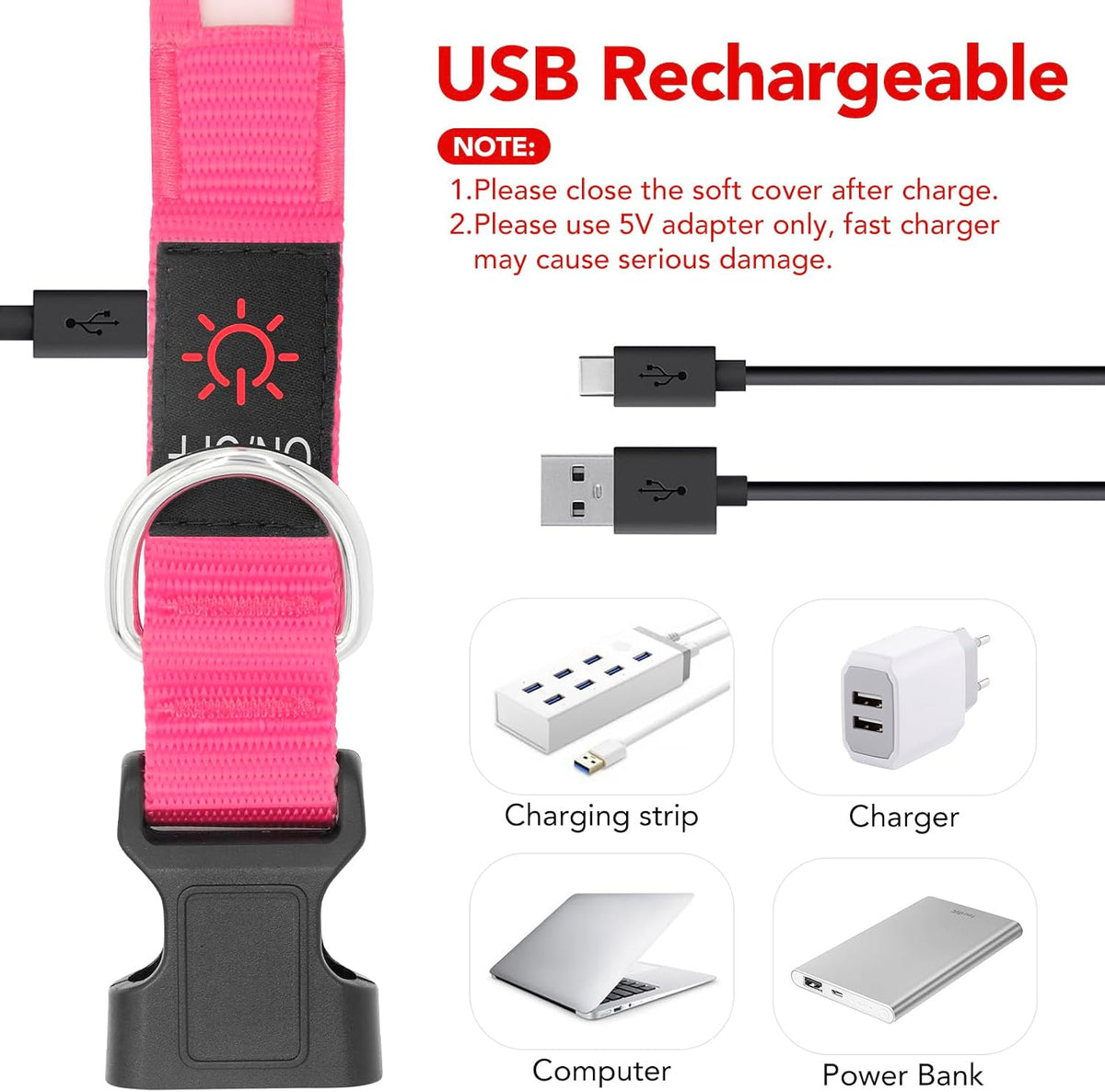 LED Dog Collar, Light up Dog Collar Adjustable Safety Glowing Collar