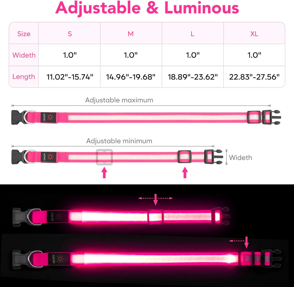 LED Dog Collar, Light up Dog Collar Adjustable Safety Glowing Collar