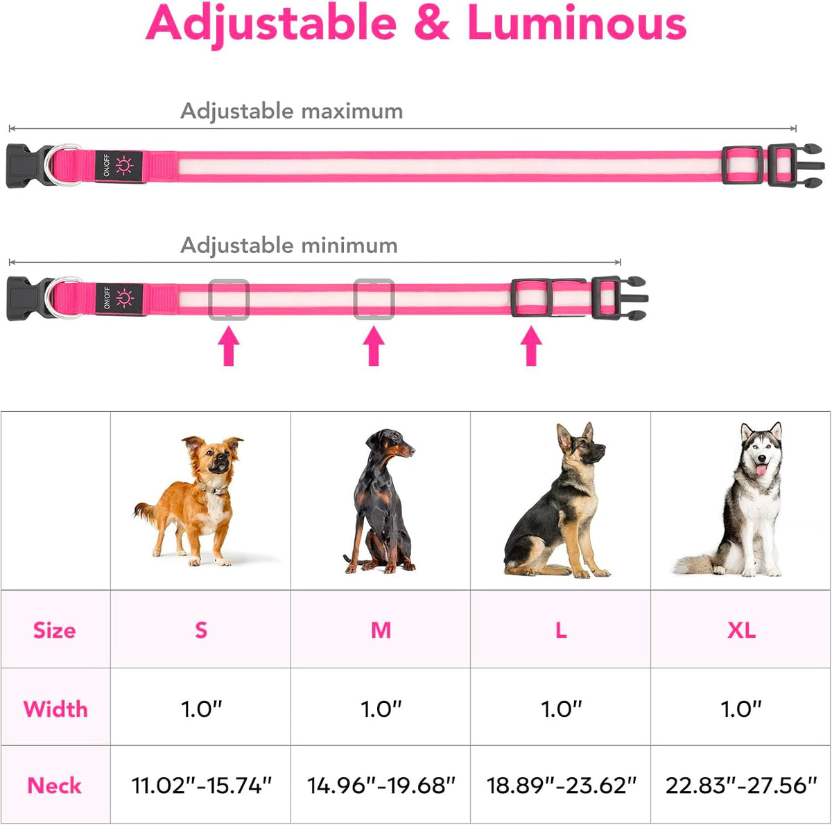 LED Dog Collar, Light up Dog Collar Adjustable Safety Glowing Collar