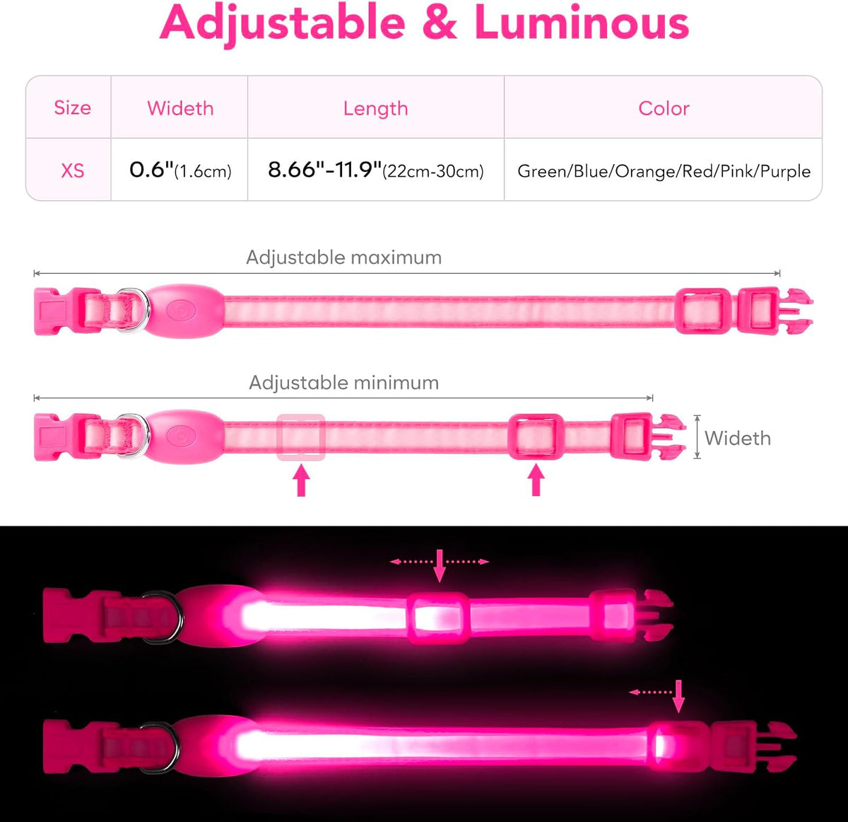 LED Dog Collar, Light up Dog Collar Adjustable Safety Glowing Collar