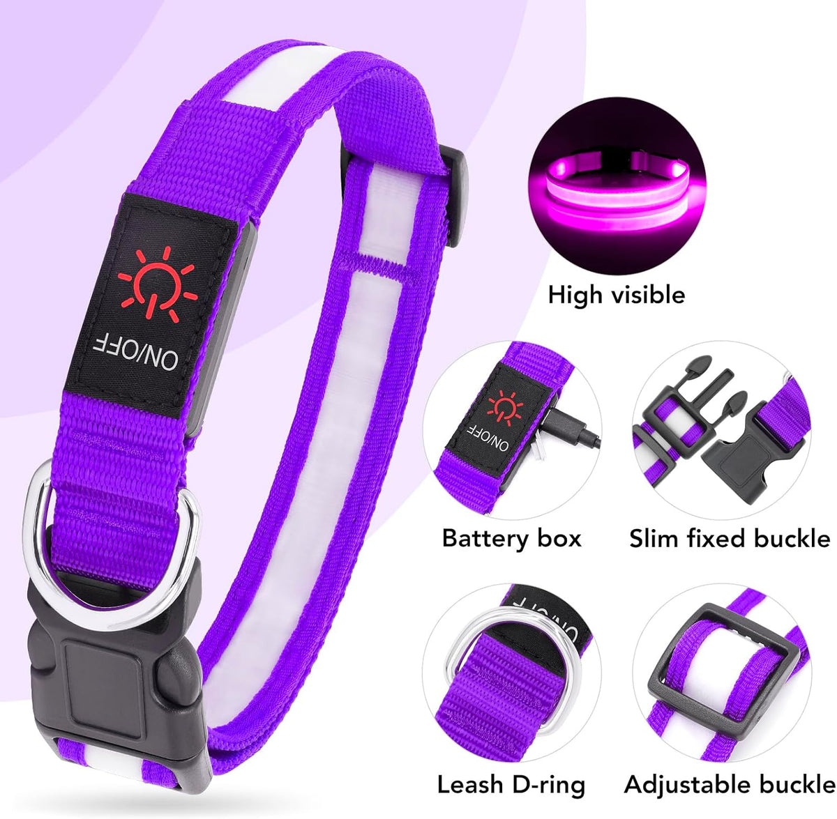 LED Dog Collar, Light up Dog Collar Adjustable Safety Glowing Collar