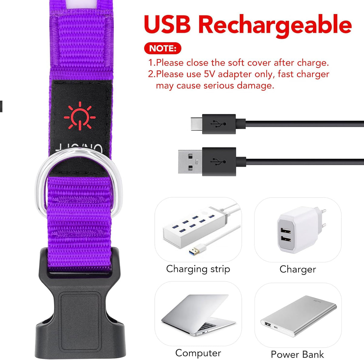 LED Dog Collar, Light up Dog Collar Adjustable Safety Glowing Collar