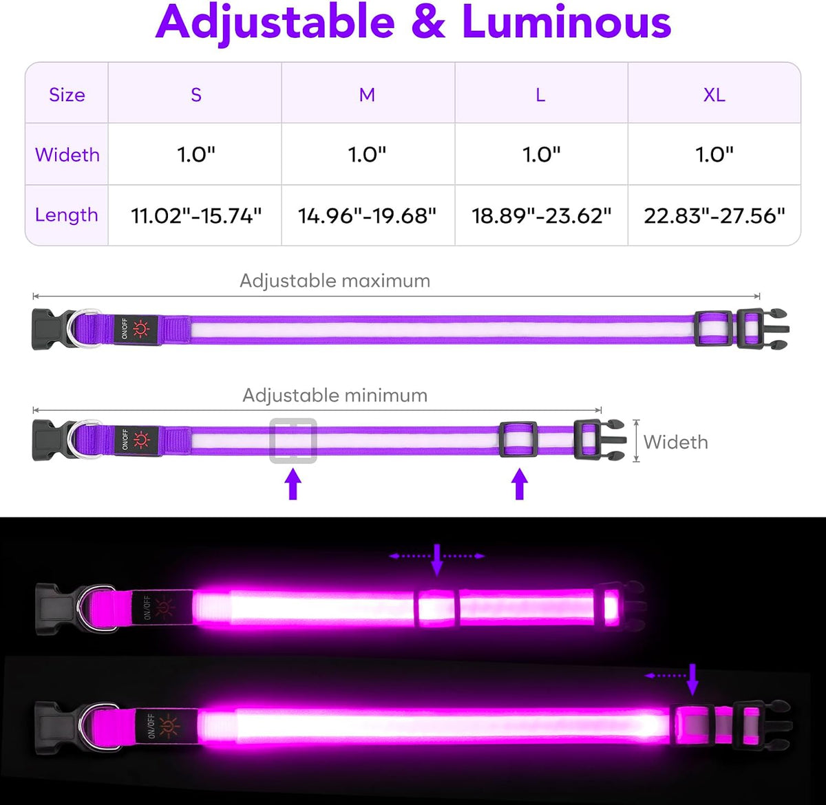 LED Dog Collar, Light up Dog Collar Adjustable Safety Glowing Collar