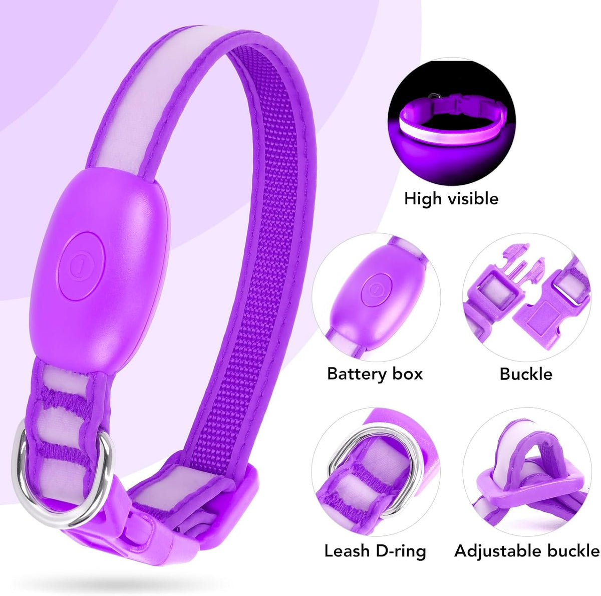 LED Dog Collar, Light up Dog Collar Adjustable Safety Glowing Collar