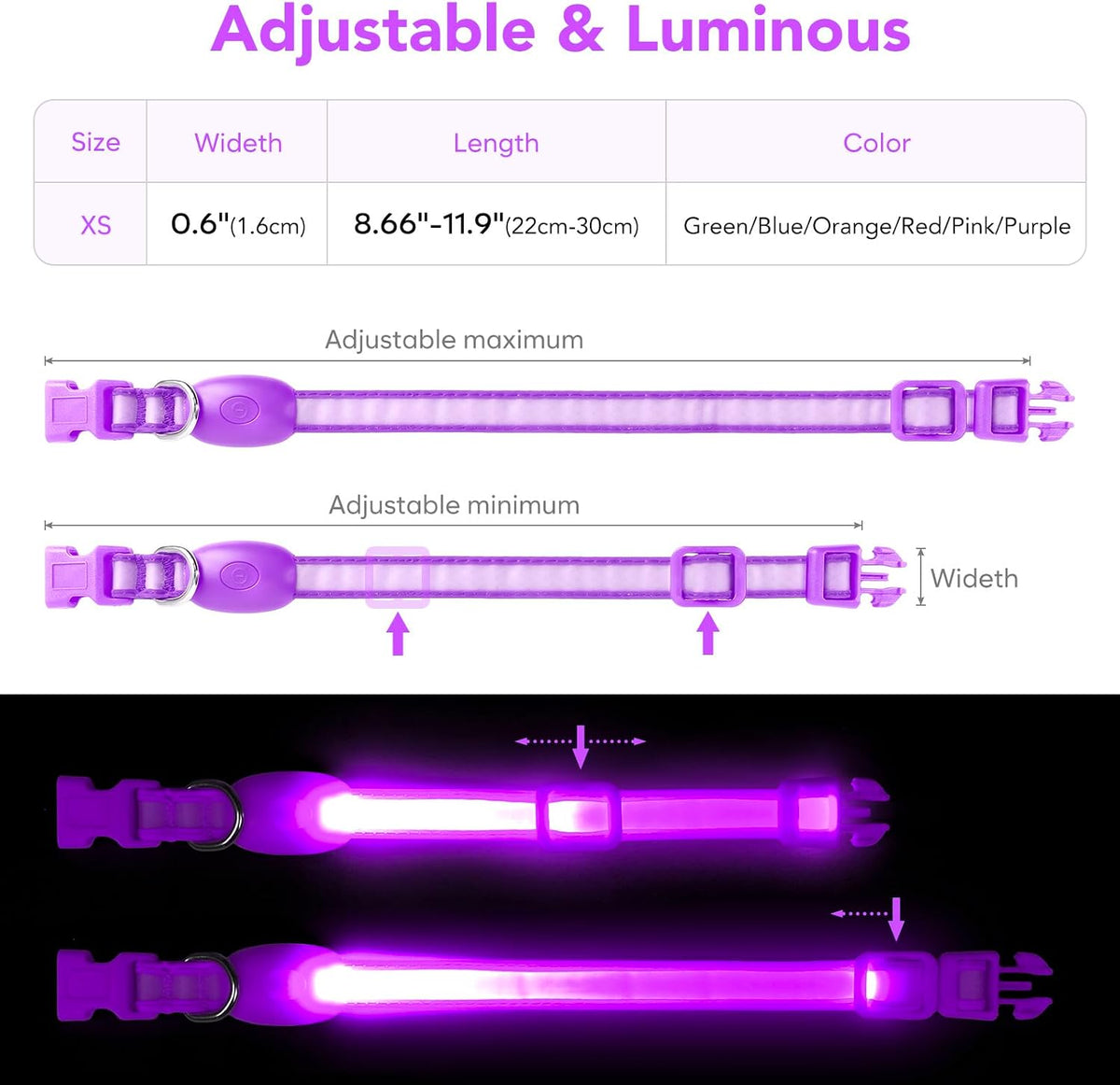 LED Dog Collar, Light up Dog Collar Adjustable Safety Glowing Collar