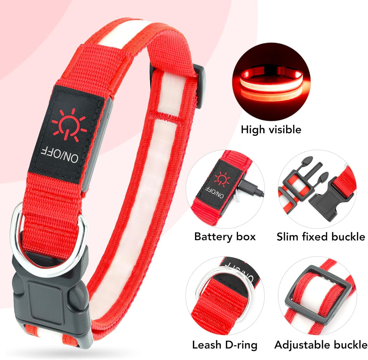 LED Dog Collar, Light up Dog Collar Adjustable Safety Glowing Collar