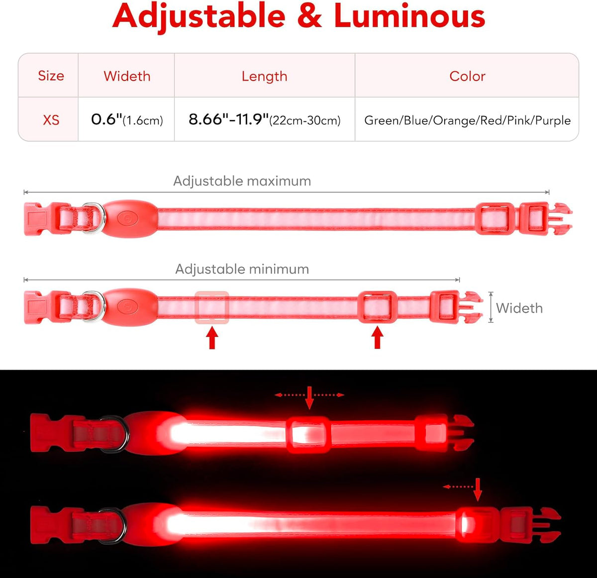 LED Dog Collar, Light up Dog Collar Adjustable Safety Glowing Collar