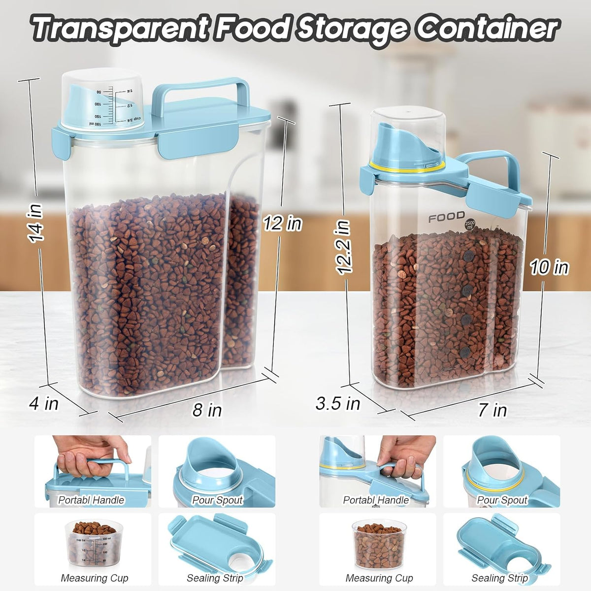 5-7Lbs Dog Cat Food Storage Container with Upgraded Large Nozzle BPA-free, 4 Snap Seals Plastic Pet Food Storage Containers with Handles are Easy to Clean and Carry