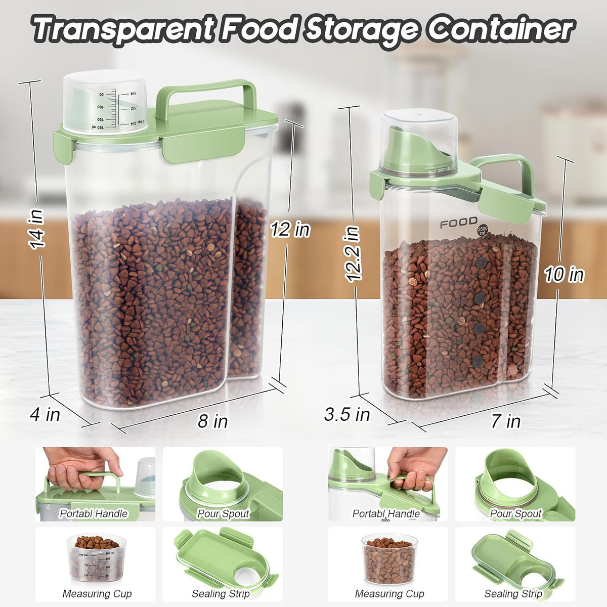 5-7Lbs Dog Cat Food Storage Container with Upgraded Large Nozzle BPA-free, 4 Snap Seals Plastic Pet Food Storage Containers with Handles are Easy to Clean and Carry