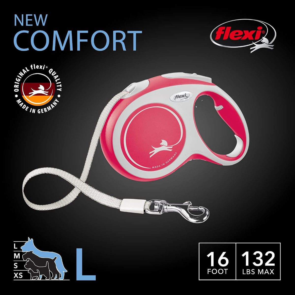 ® Comfort Nylon Tape Retractable Dog Leash, Large, 26 ft - Grey/Black