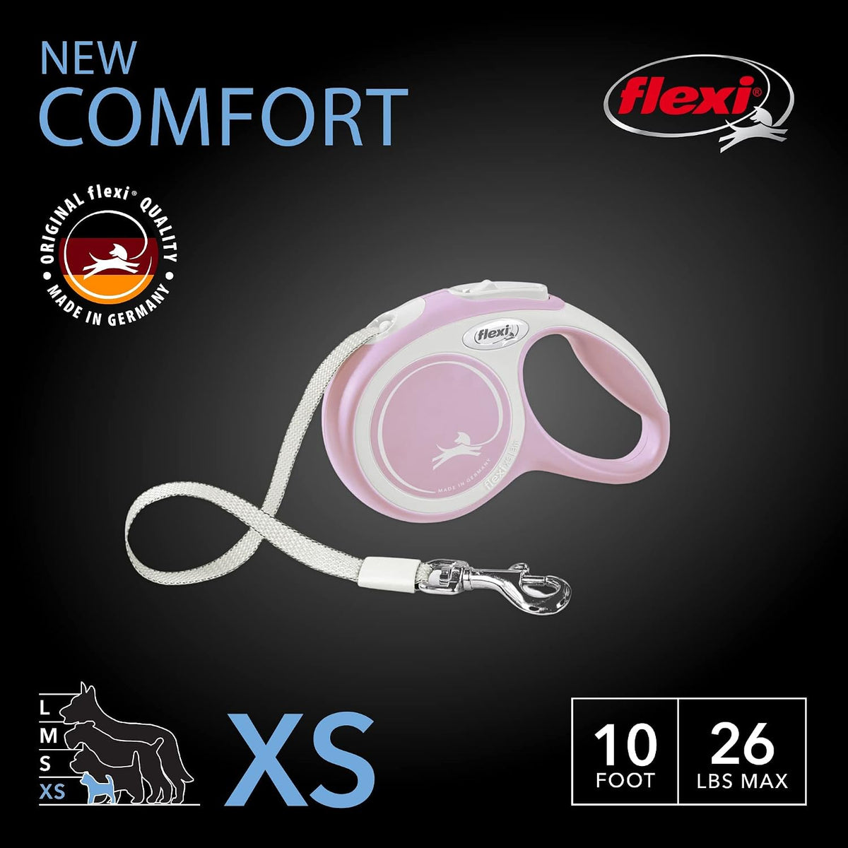 ® Comfort Nylon Tape Retractable Dog Leash, Large, 26 ft - Grey/Black