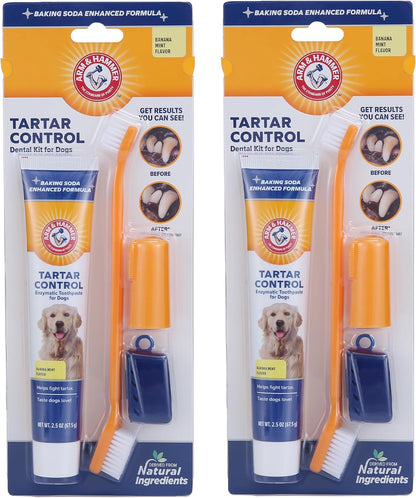 Tartar Control Dog Dental Kit, Banana Mint, 3-Piece | Enzymatic toothpaste with toothbrush and fingerbrush, baking soda formula safe for puppies