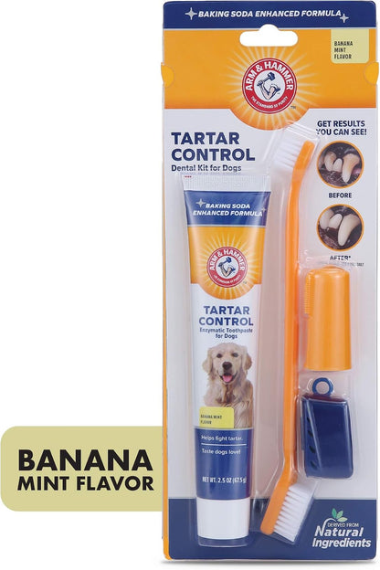 Tartar Control Dog Dental Kit, Banana Mint, 3-Piece | Enzymatic toothpaste with toothbrush and fingerbrush, baking soda formula safe for puppies