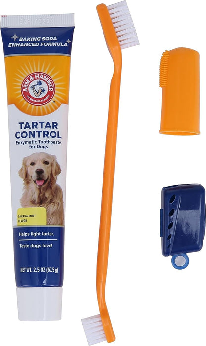 Tartar Control Dog Dental Kit, Banana Mint, 3-Piece | Enzymatic toothpaste with toothbrush and fingerbrush, baking soda formula safe for puppies