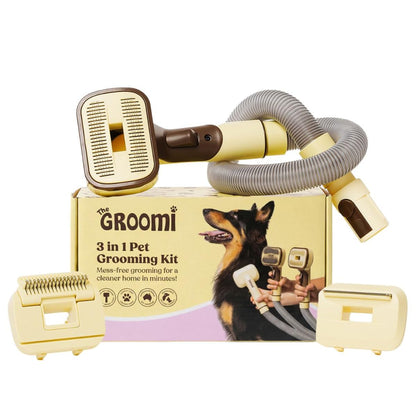 GROOMI Vacuum Pet Brush Kit – 3‑in‑1 Dog & Cat Grooming Tool, Self‑Cleaning Deshedding Brush & Pet Hair Remover, Universal Vacuum Attachment Including Dyson, Short, Medium & Long Fur, All Breeds