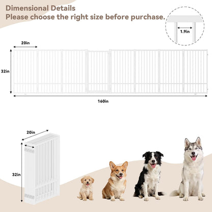 SNUOWU Full Metal Freestanding Dog Gate with Door, 32''Height Foldable Pet Dog Fence for Indoor & Outdoor, 4 Panels Extra Wide Free Standing TallDog Gates for Doorways,House,Stairs,Porch,Deck,Yard