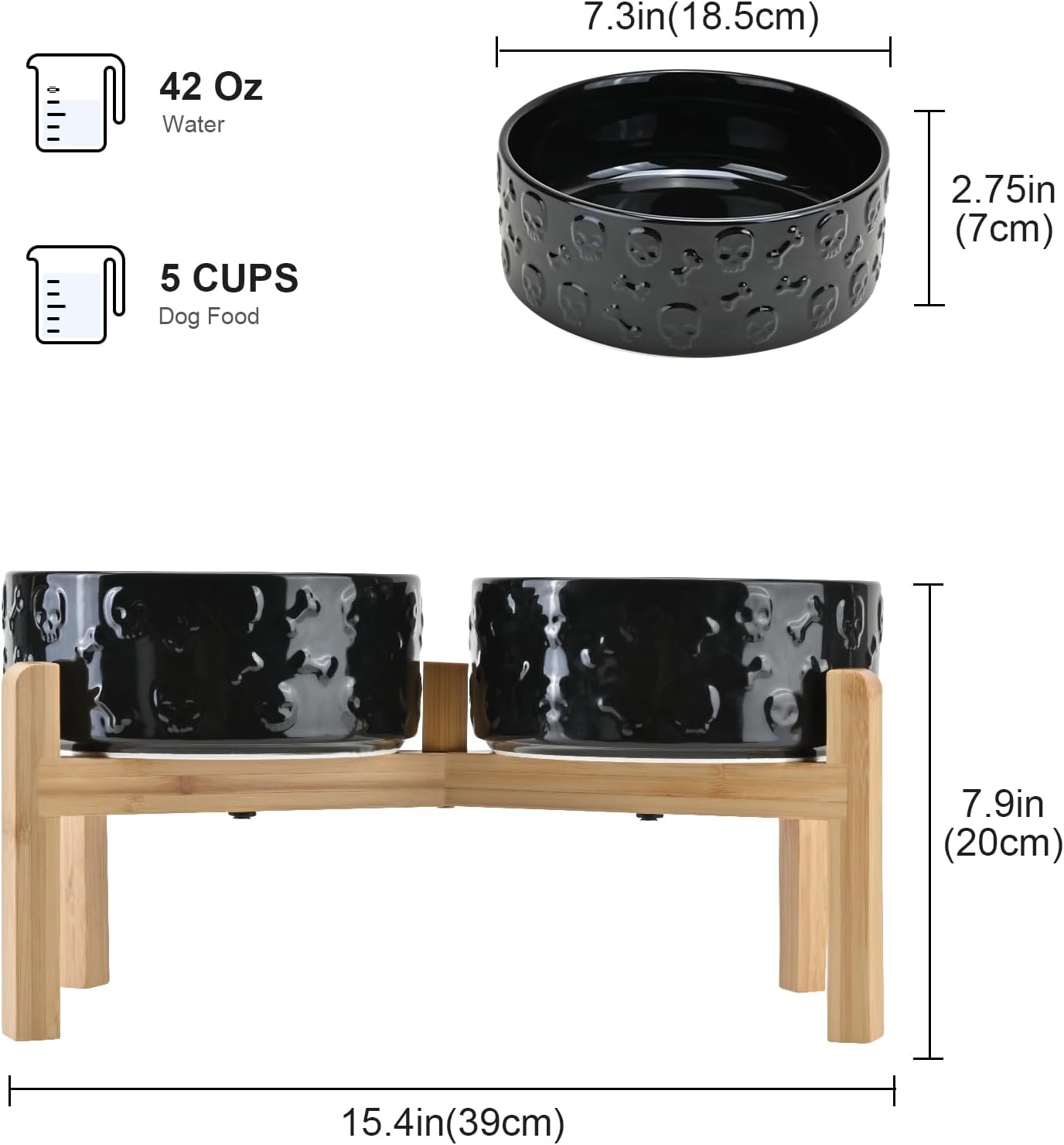 SPUNKYJUNKY Elevated Dog Bowls Ceramic, 6.1'' Dogs and Cat Food Water Bowls Raised with Non-Slip Bamboo Stand for Medium Sized Breed Microwave Dishwasher Safe - 28.7 OZ,Beige