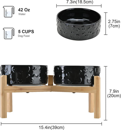 SPUNKYJUNKY Elevated Dog Bowls Ceramic, 6.1'' Dogs and Cat Food Water Bowls Raised with Non-Slip Bamboo Stand for Medium Sized Breed Microwave Dishwasher Safe - 28.7 OZ,Beige
