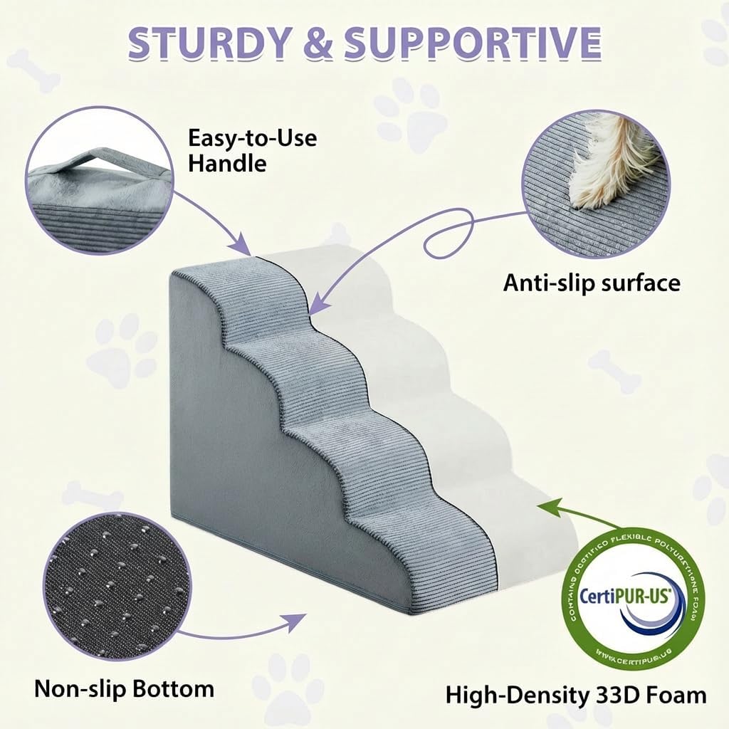 LEXTRO Dog Stairs for Small Dogs, 2-Steps Dog Ramp for Couch, Pet Stairs with Highly Supportive Foam and Non-Slip Bottom, Pet Steps for Cat & Doggie (High 11.8 Inch)