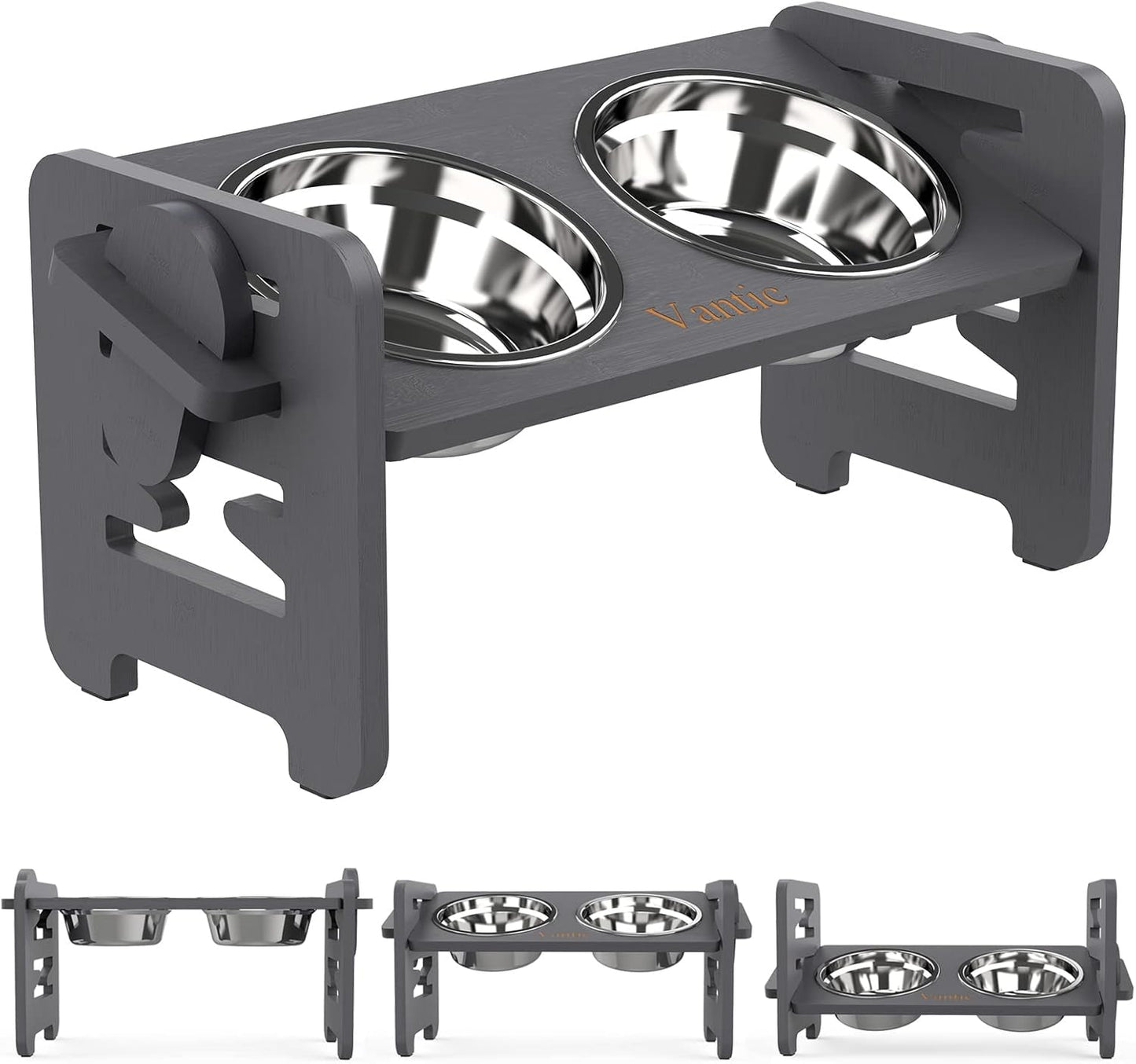 Vantic Elevated Dog Bowls, Adjustable Raised Dog Bowl Stand for Small Puppy and Cats, Sturdy Bamboo Pet Food Feeder with 2 Stainless Steel Dishes, Natural