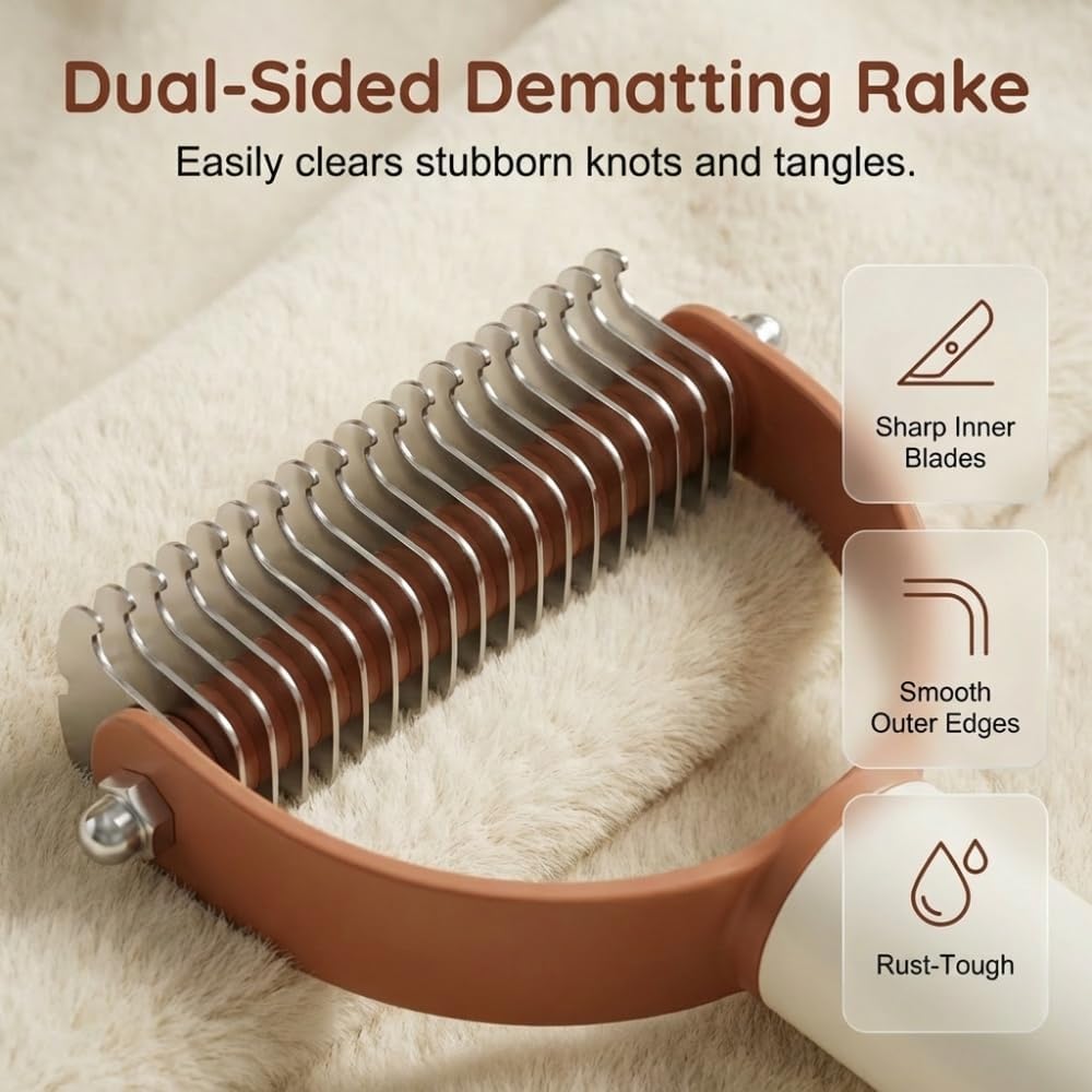 Pet Pro Grooming Tool for Dogs & Cats, Deshedding Dog Brush, Pet Grooming Brush with Undercoat Rake, Dematting Comb for Long Hair, Pet Grooming Tool for Thick Coats & Loose Fur (Brown)