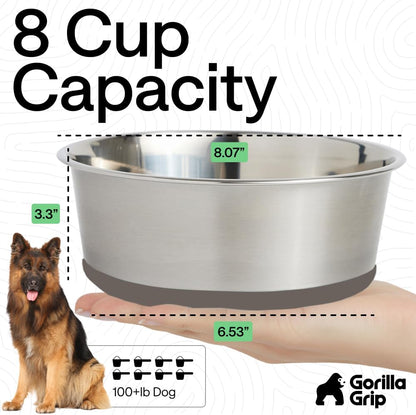 GORILLA GRIP Dog Bowls, Food Grade 304 Stainless Steel, Holds 2 Cups Each (16 fl oz) Food and Water Bowl for Feeding Dogs and Cats, Dishwasher Safe, Rust Resistant, BPA Free Rubber Base Set of 2 Black