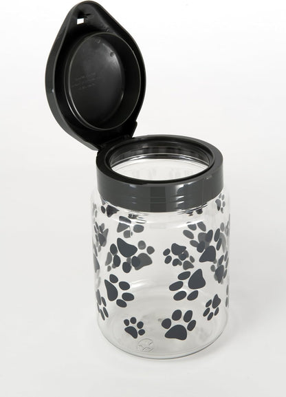 Lixit® Dog Treat Plastic Jar - Airtight Food and Treat Storage Jars for Dogs, Cats, Small Animals and Birds - Made in USA (Paw Prints - Gray, 64 Ounce)