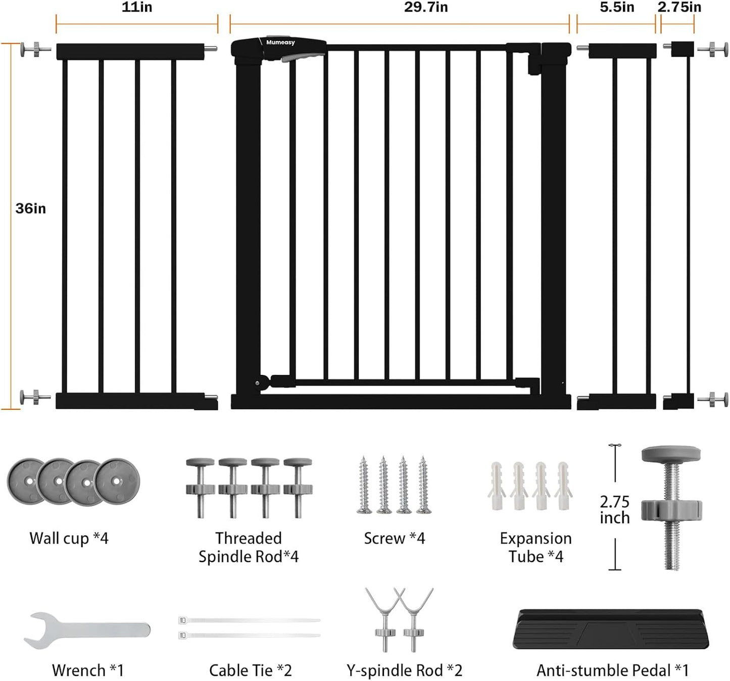 Mumeasy Baby Gate Extra Wide, 29.7-51'' Pressure Mounted Dog Gate with Walk Thru Door, Auto Close Pet Gate for House, Stairs, Doorways,Black