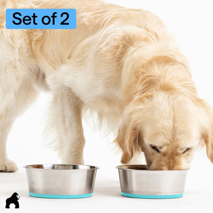 GORILLA GRIP Dog Bowls, Food Grade 304 Stainless Steel, Holds 2 Cups Each (16 fl oz) Food and Water Bowl for Feeding Dogs and Cats, Dishwasher Safe, Rust Resistant, BPA Free Rubber Base Set of 2 Black