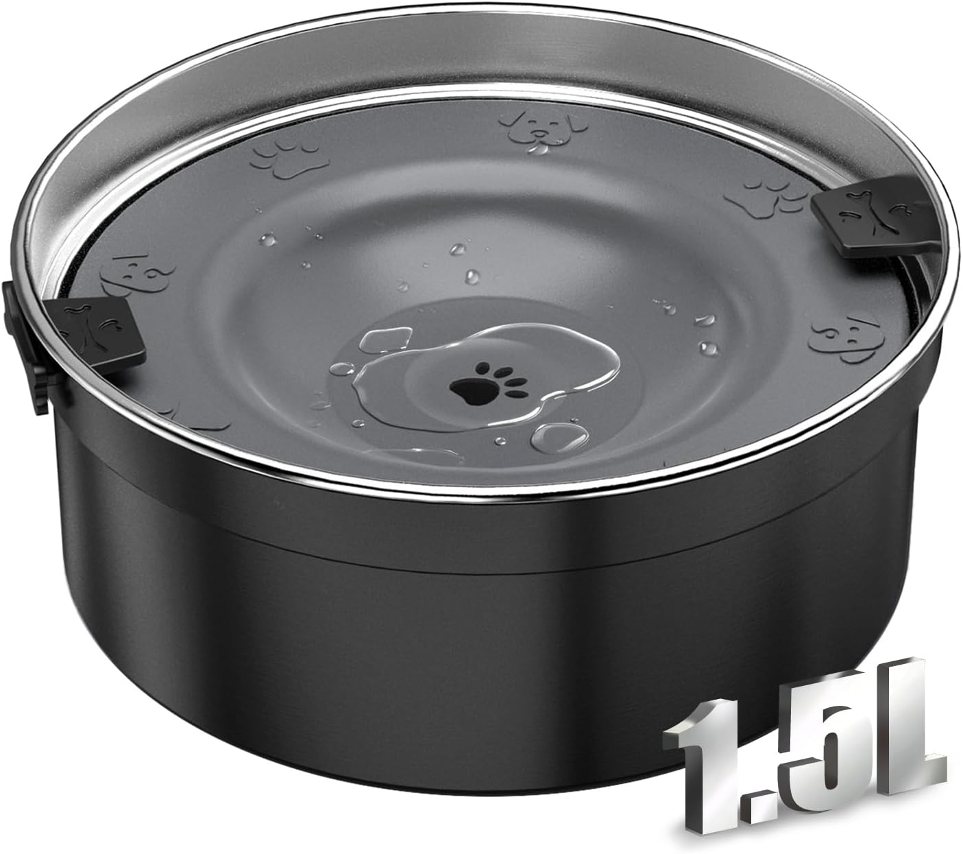 Dog Water Bowl No Spill, 1.5L/50oz Stainless Steel Slow Water Bowl for Dogs, Spill Proof Dog Bowl with Anti-Splash & Non-Slip, Slow Drinking Water Bowl Dispenser for Messy Drinkers (Black)