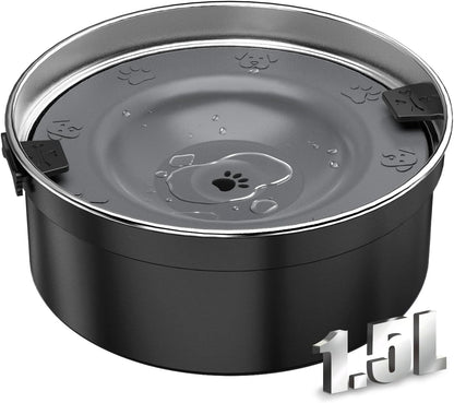 Dog Water Bowl No Spill, 1.5L/50oz Stainless Steel Slow Water Bowl for Dogs, Spill Proof Dog Bowl with Anti-Splash & Non-Slip, Slow Drinking Water Bowl Dispenser for Messy Drinkers (Black)