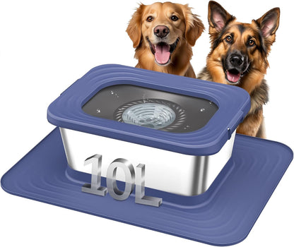 Decflow 10L Stainless Steel Dog Water Bowl, No Spill Anti-Splash Dog Bowls with XXL Silicone Mat, Spill-Proof Slow Feeder for Messy Drinkers, Heavy Duty Pet Bowls for Indoor/Outdoor Use Grey