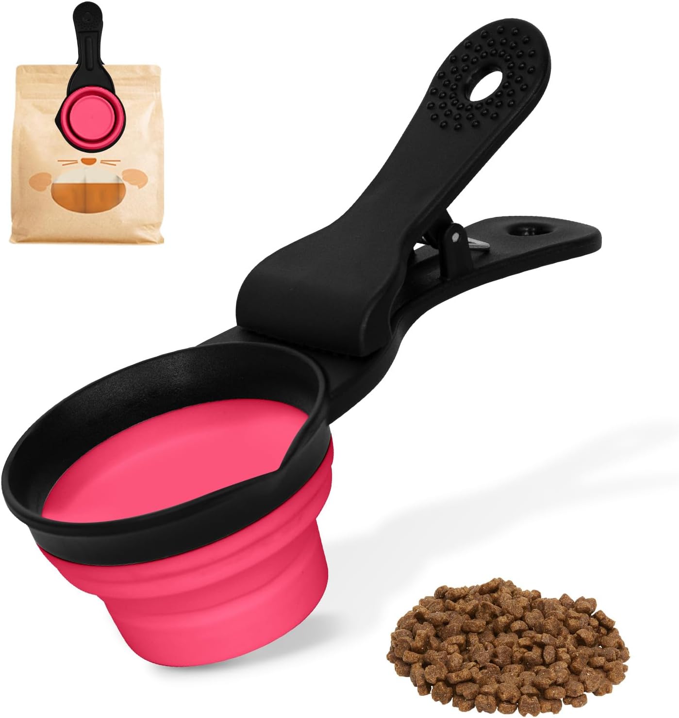 Collapsible Dog Food Scoop Foldable Pet Food Bag Clip 3 in 1 Multi-function Silicone Cat Food Measuring Cup Scoop Dog Food Scooper Pet Food Storage Clip (Green, 1 Cup Capacity(1 Pack))