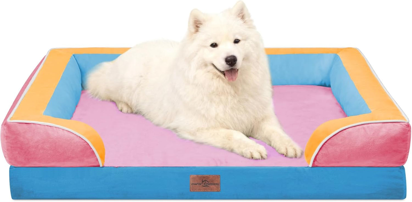 Comfort Expression Orthopedic Dog Bed for Extra Large Dogs 42x30 Inch, Waterproof Egg Crate Foam XL Pet Bed with Removable Bolsters, Dog Couch with Washable Cover & Non-Slip Bottom, Grey - Colors B