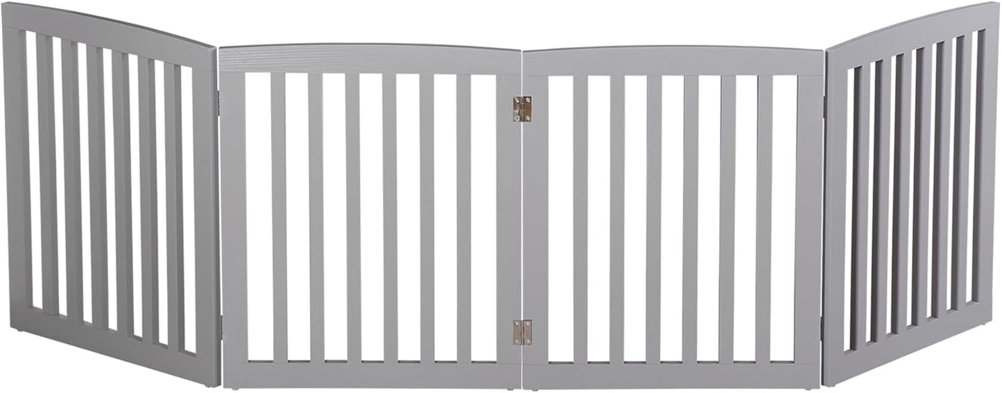 Freestanding Dog Door Indoor Folding Puppy Gate for Doorways Stairs 4-Panel Wood Pet Safe Barrier Fence for Hallways, Gray