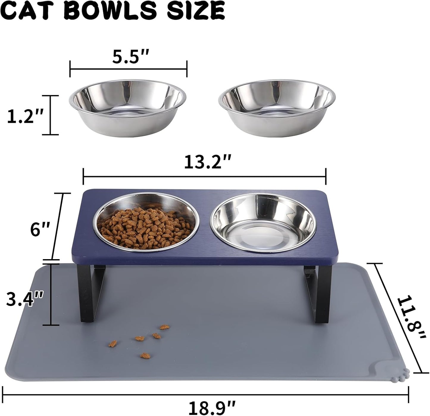 Upgraded Elevated Cat Bowls with Food Mat,15°Tilted Stand Anti Vomiting Raised Cat Dishes for Food and Water,2 Stainless Steel Bowls for Cats and Puppy