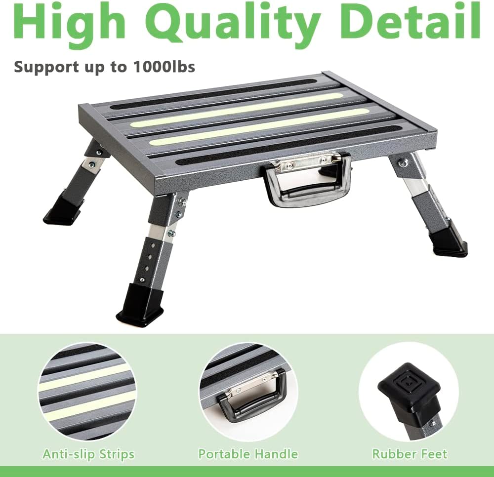 Aluminum RV Steps, 4-Level Adjustable Folding Step Stool with Non-Slip Rubber Feet, Non-Slip Fluorescent Strip Platform Rv Accessories, Supports Up to 1000 lbs - Black