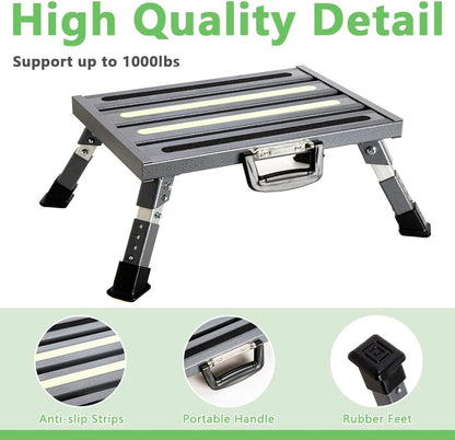 Aluminum RV Steps, 4-Level Adjustable Folding Step Stool with Non-Slip Rubber Feet, Non-Slip Fluorescent Strip Platform Rv Accessories, Supports Up to 1000 lbs - Black