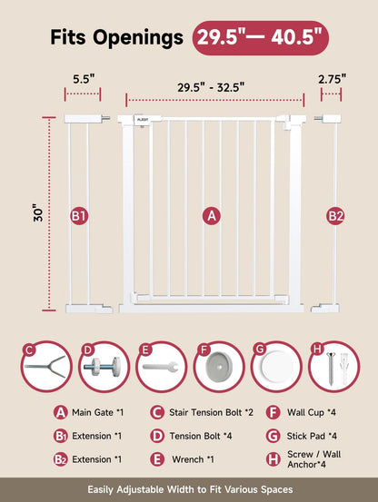 29.5-40.5" Baby Gate for Stairs, Dog Gate for Doorways, Walk Thru Auto Close Metal Baby Safety Gate for The House, Stairs and Doorways, Child Gate Pressure Mounted, Pet Gate for Dog Indoor - Black