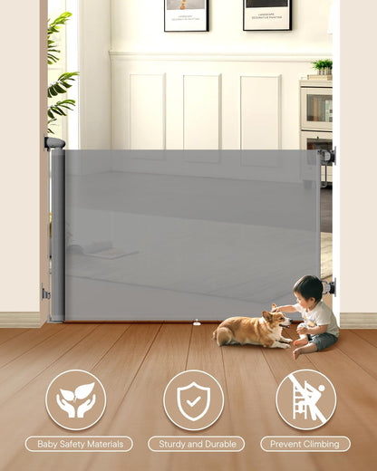 Retractable Baby Gate - 55" Wide Mesh Pet Gate with Anti-Crawling Hook, Safety Lock, One-Hand Operation, 34" Tall Baby Gate for Stairs, Doorways, Hallways, Garage, Indoor Outdoor, Black