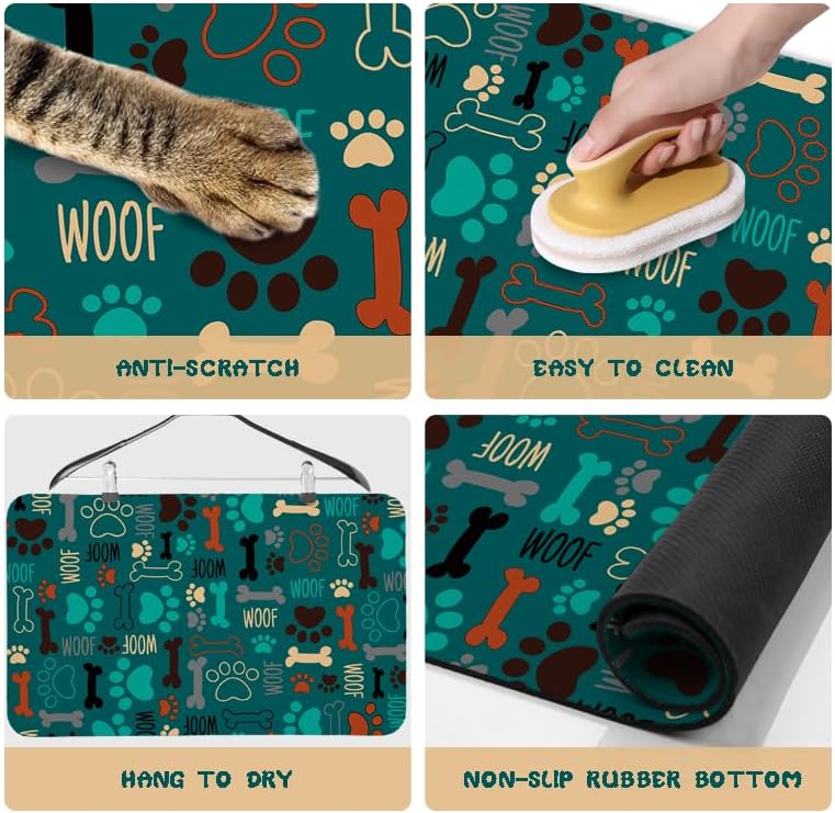 Dog Food Mats for Floors Waterproof, Pet Water Bowl Mats Pet Feeding Absorbent Placemats Plaid 12 * 20 inch