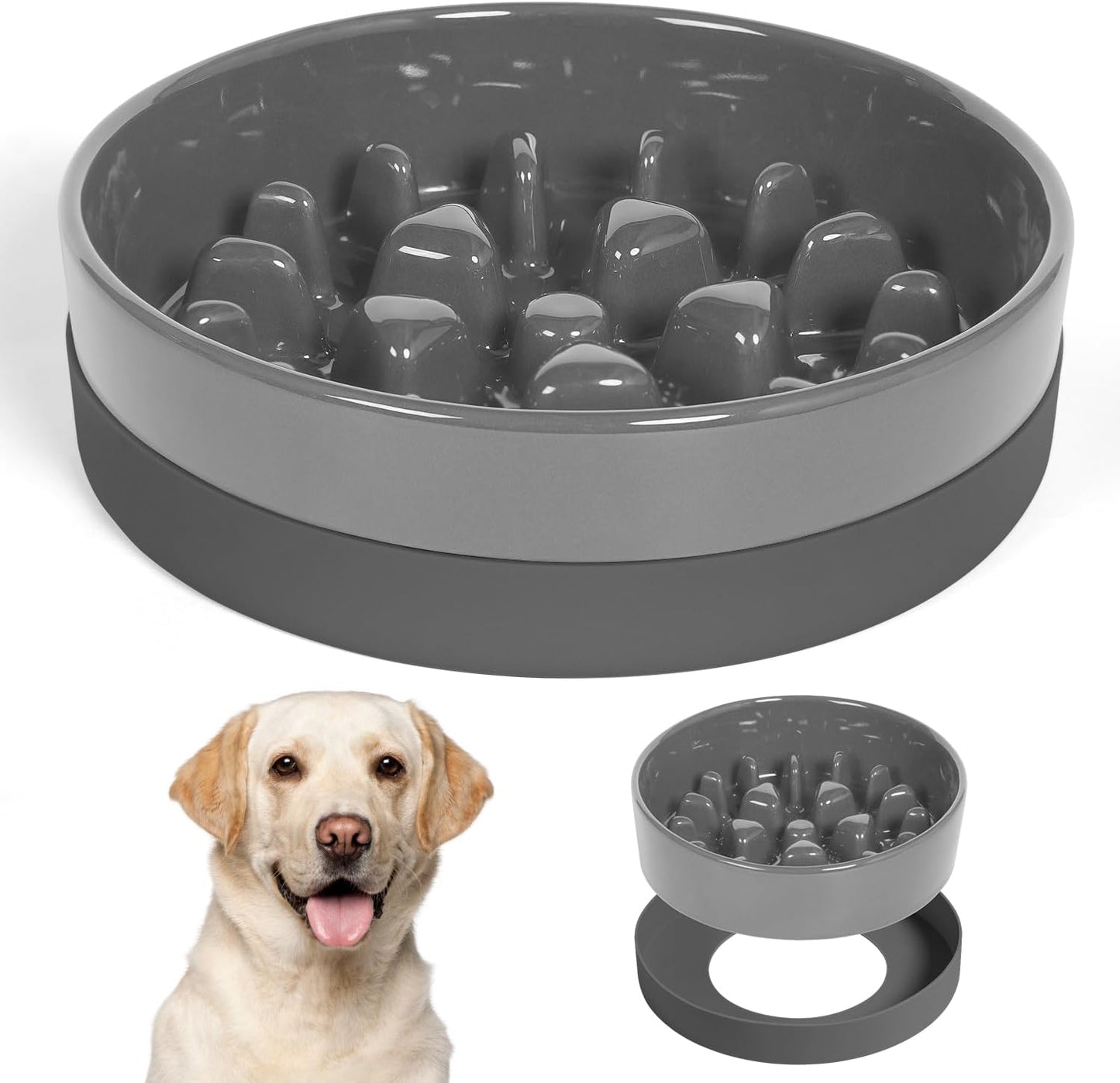 Sted Ceramic Slow Feeder Dog Bowls for Medium Large Breed, Slow Feeding Dog Bowl, Dogs Food Bowls for Fast Eaters, Puzzle Dogs Food Bowl with Silicone Base, Maze Black