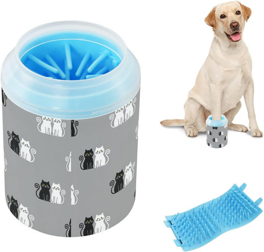 Black White Cats Gray Print Dog Paw Cleaner Cup with Soft Silicone Brush, Portable Lightweight Small Muddy Paw Washer for Dogs, Easy to Use Pet Foot Cleaner